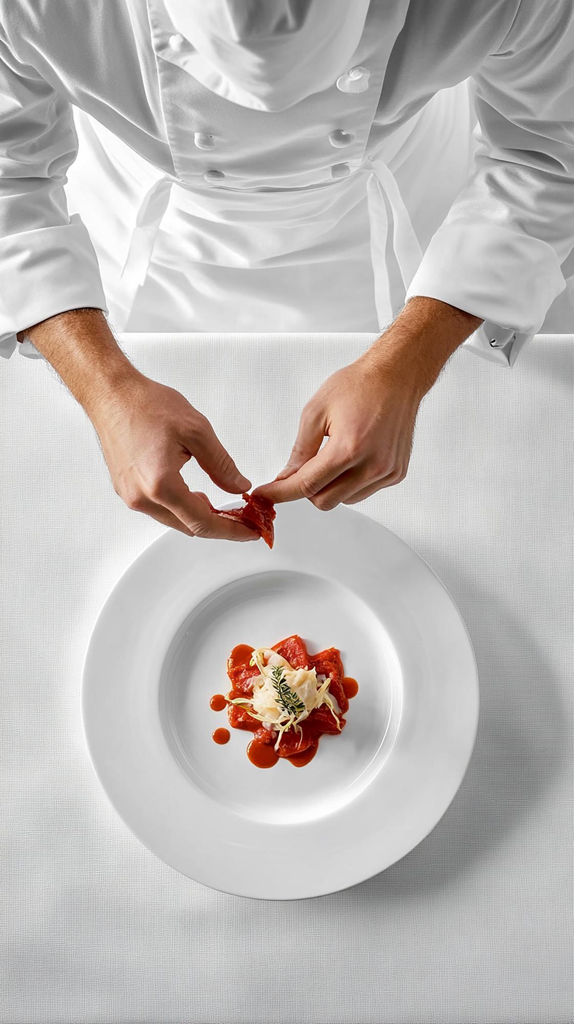 Chef demonstrating a plated dish in a luxury kitchen